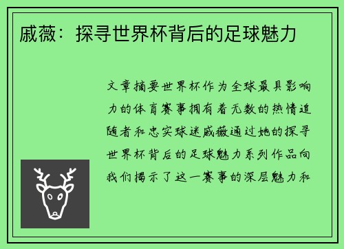 戚薇：探寻世界杯背后的足球魅力